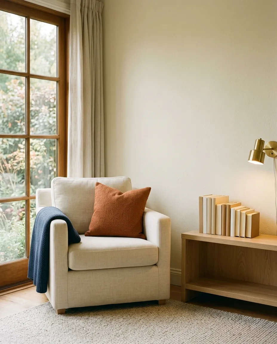 A quiet reading corner: a cream armchair with a navy throw and an orange cushion beside a low shelf of board books seen edge-on