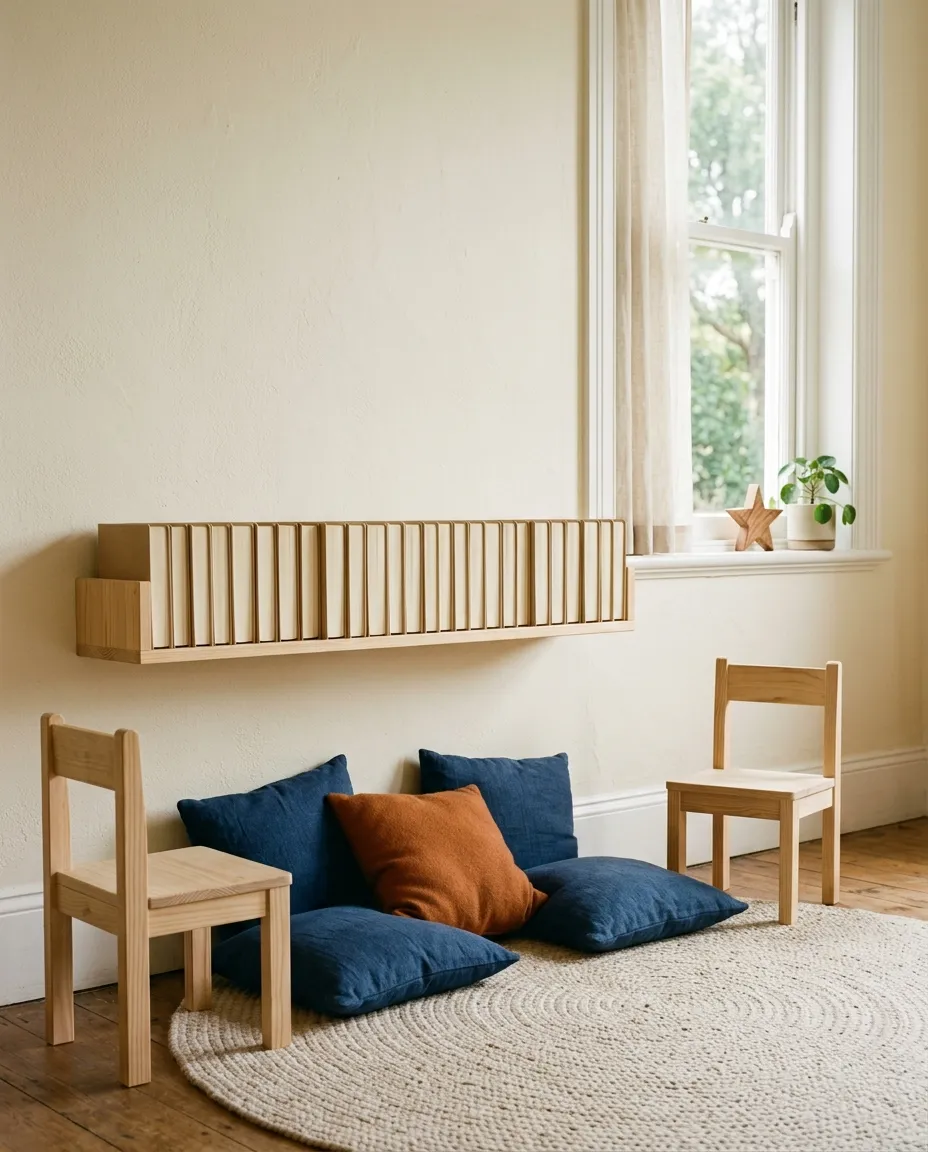 A calm preschool reading corner with a ledge of board books and floor cushions