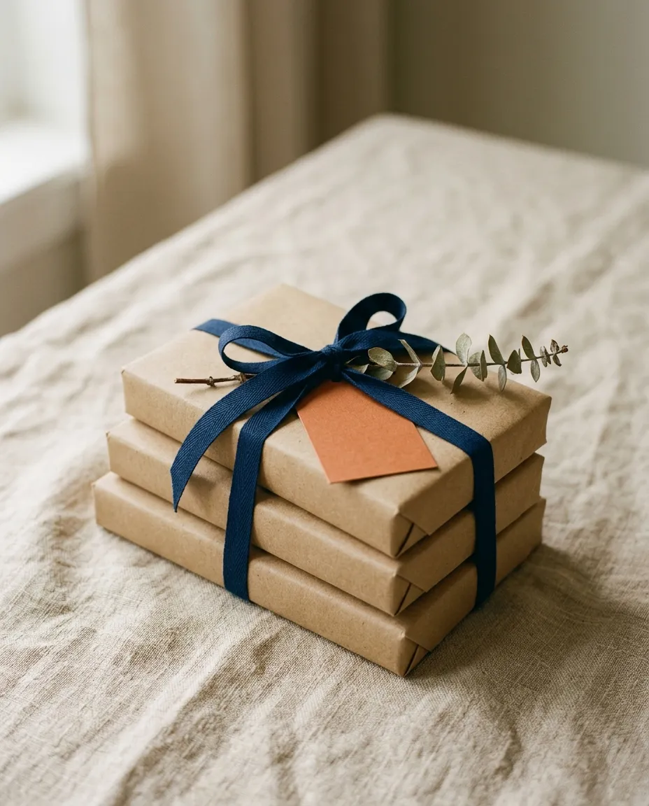 Three book-sized gifts wrapped in kraft paper and tied with navy ribbon