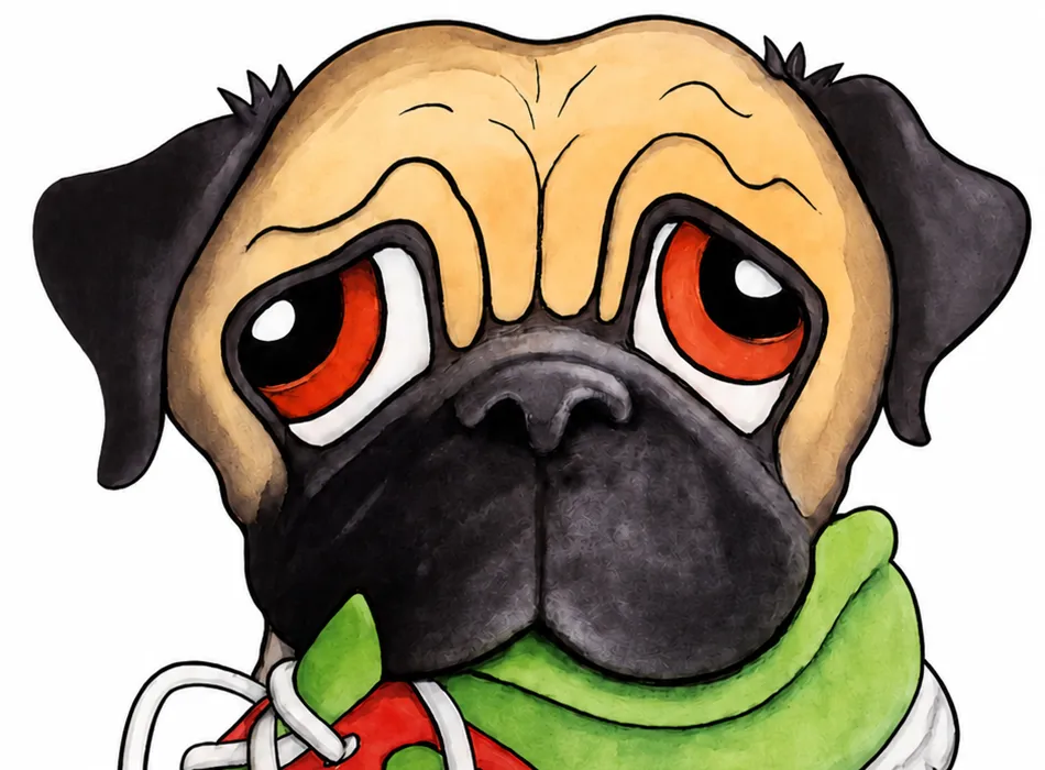 Jack the pug, a close crop of Robyn Trimboli-Russo's watercolor from the real cover