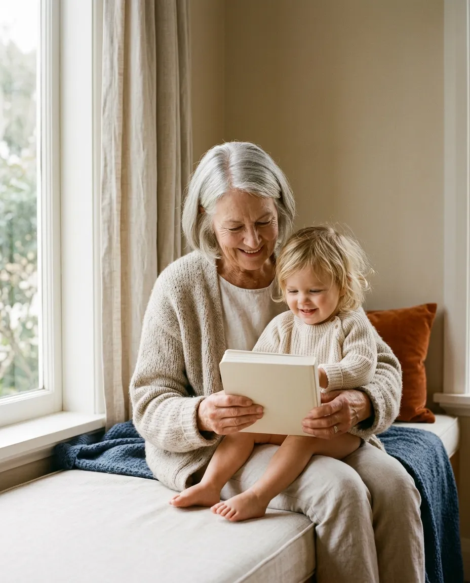 A grandmother and her toddler grandchild read a small board book together on a cream window seat