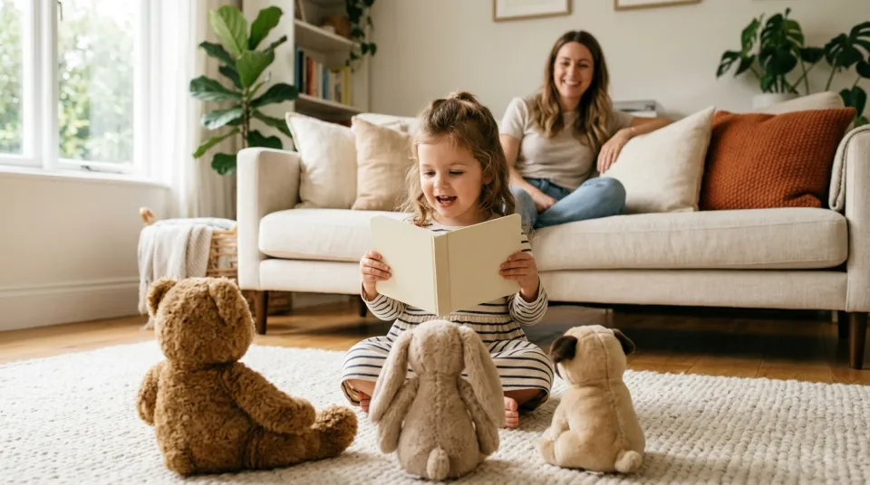A three-year-old reads a board book aloud to a row of stuffed animals while her mother smiles from the sofa