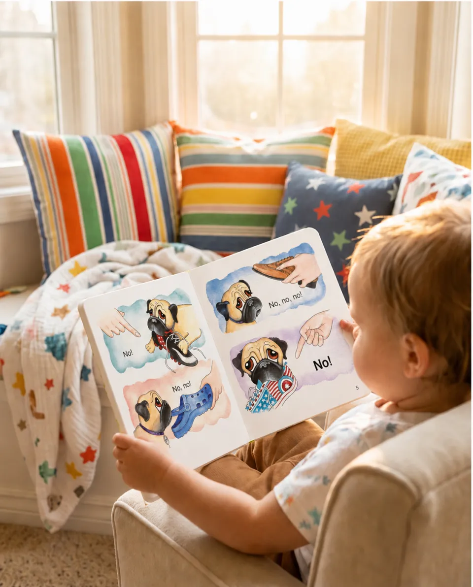 A toddler in an armchair holds Jack open to a spread of the pug with a shoe, the words No and No, no, no beside him