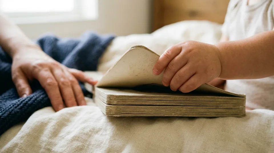 A toddler's hand turns the thick rounded page of a board book on cream bedding